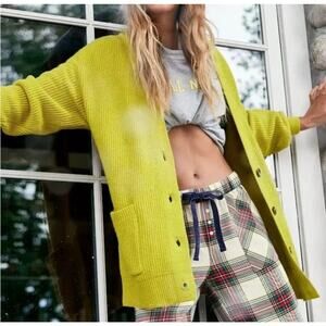 Aerie Chartreuse Oversized Long Button Front Cardigan XS Neon Green Knit Cozy